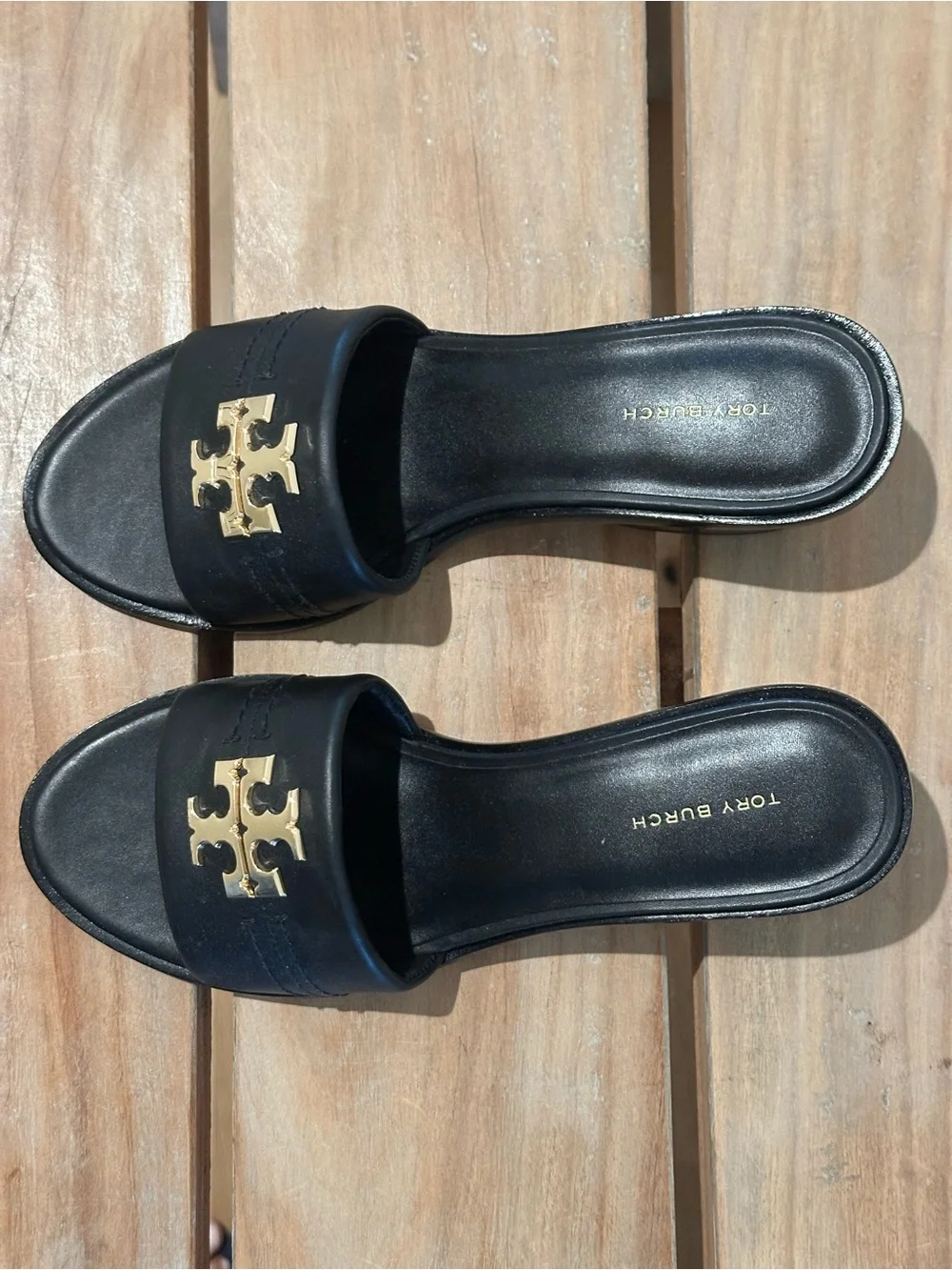 NEW never worn Tory Burch Black Leather Slide Sandals with Gold Logo